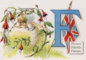 Bokstav F: Blomster, jente, vimpel. Gravering i "ABC L