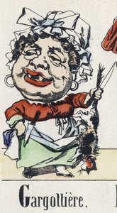 Bokstav G: gargottiere. Alfabetet til den østlige fortellingen. Bildebehandling av Epinal, ca 1890. Populær serie. Lite hefte på 8 sider. Mål: 205x150mm. Sjablongerte tregraveringer over temaet metiers av Unbekannt