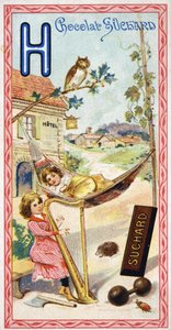 Bokstav H: hotell, ugle, hengekøye, harpe, øks, herisson, humle, manualer, chabbing, grend. Gravering av alfabetet redigert av Chocolat Suchard, begynnelsen av det 20. århundre. 24 kromolitografier som representerer steder, karakterer og objekter som skal  av Unbekannt
