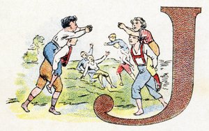 Bokstav J: Spill. Alfabetet til Phosphatine Falieres. Gravering. Brevete-alfabetet S.G.D.G. av farmasøyt Pierre Emile Falieres. Illustrasjoner i kromolitografi, slutten av 1800-tallet. 16 sider. Mål: 103x154mm av Unbekannt