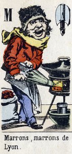 Bokstav M: "Brun, Brown of Lyon". Alfabetet "Barnemoro". Bilde av Epinal, ca. 1890. Populær serie. Lite hefte på 8 sider. Sjablongerte tregraveringer med temaet små gatemetier og ropene fra Paris av Unbekannt