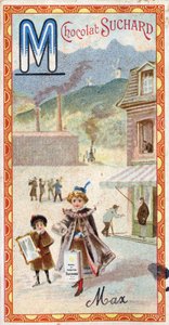 Bokstav M: fjell, speil, maskin, produksjon, frakk, tigger, mølle. Gravering av alfabetet redigert av Chocolat Suchard, begynnelsen av det 20. århundre. 24 kromolitografier som representerer steder, karakterer og objekter som skal oppdages i bildet. Dim: av Unbekannt