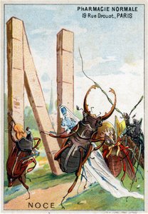 Bokstav N som bryllup. Mr. Mariniers kunstneriske alfabet. Redigert av Henry Sicard, sent på 1800-tallet. Reklamekromolitografier for produkter som selges i apotek. Mål: 12,5 x 9 cm av Unbekannt