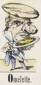 Bokstav O: Omelett. Alfabetet til den østlige fortellingen. Bildebehandling av Epinal, ca 1890. Populær serie. Lite hefte på 8 sider. Mål: 205x150mm. Sjablongerte tregraveringer over temaet metiers av Unbekannt
