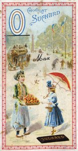 Bokstav O: omnibus, ottoman, paraply, oriflame, oransje, obelisque, bjørn. Gravering av alfabetet redigert av Chocolat Suchard, begynnelsen av det 20. århundre. 24 kromolitografier som representerer steder, karakterer og objekter som skal oppdages i bildet av Unbekannt