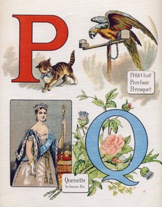 Bokstaven P og Q: liten katt, abbor, papegøye og quenet, riktig avgift. Gravering i "ABC L