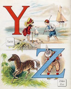 Bokstaven Y og Z: Yatch, sebra og klovnen Zizi. Gravering i "ABC L
