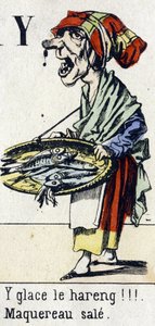 Bokstav Y: "is silda!!! Skitten makrell". Alfabetet "Barnas moro". Bildebehandling av Epinal, ca 1890. Populær serie. Lite hefte på 8 sider. Sjablongerte tregraveringer med temaet små gatemetier og Paris rop av Unbekannt