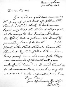 Brev fra John Wesley til Samuel Bradburn, som uttrykker sin sterke mening om at metodistene ikke burde forlate Church of England. skrevet i Birmingham, 25. mars av Unbekannt