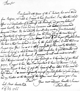 Brev skrevet av David Hume til Richard Davenport som viser til de store vanskelighetene i forholdet hans til Jean-Jacques Rousseau, Rousseaus nektelse av å godta pensjon og krangelene hans med Hume, 8. juli av Unbekannt