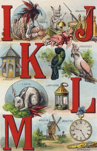 Bokstaver IJKL; indisk; Leker; kakatoer; Kiosk; lykt; Kanin; Se Mynter; mølle. Gravering i "Min barnebarns alfabet". Bernardin-Bechet og Fils, bokhandler-forlag, Paris, rundt 1895. Ubrytelig album på lerret. Babybibliotek. 12 av Unbekannt