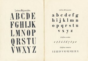 Store og små bokstaver, arabiske og romerske tall - Gravering hentet fra ABCD av små jenter. Pellerin & Cie, trykkeri-utgiver, Epinal, rundt 1890. Serie A. Mål: 19 x 13,5 cm. av Unbekannt