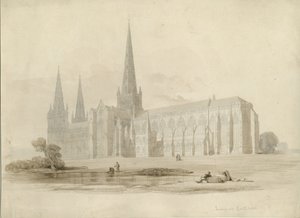 Lichfield Cathedral - South East View: tegning og vask, nd [?19th cent] av Unbekannt
