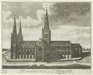 Lichfield Cathedral - South View: gravering og [?1700-tallet] av Unbekannt