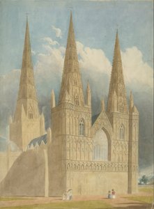 Lichfield Cathedral - West Front: akvarellmaleri, og [c 1840] av Unbekannt