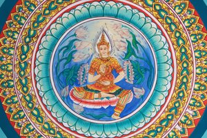 Buddhas liv. Takkunst som viser Buddhas liv. Wat Inpeng. Ventiane. Laos, 20151029, Vientiane, Laos av Unbekannt
