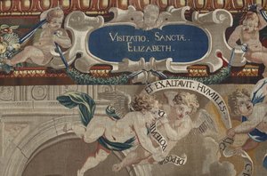 Jomfruens liv: "" La Visitation "" Detaljteppe av ull og silke laget i verkstedet til Pierre Damour etter tegningene til Charles Poerson (1609-1667) av William M. Timlin