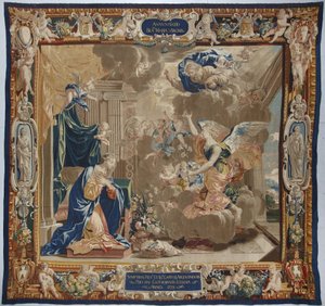 Jomfruens liv: "Bebudelsen"" Vi ser Gud og Den Hellige Ånds (Hellige Ånds) due over scenen - Ull- og silketeppe laget i verkstedet til Pierre Damour fra Charles Poersons tegninger (1609-1667) av Unbekannt
