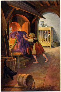 Litteratur. Eventyr. Hans og Gretel og heksen. Illustrasjon av Otto Kubel for historien om brødrene Grimm. Postkort, Tyskland, ca. 1900 (postkort) av Unbekannter Künstler