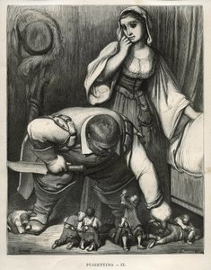 Lille Pouket og brødrene hans tryglet trollet om ikke å drepe dem. Gravering av Gustave Dore (1832-1883) fra Charles Perraults "" Les Tales" (1628-1703) av Unbekannt