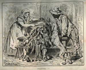 Lille Poulet og hans sultne brødre. Gravering av Gustave Dore (1832-1883) fra "" Les contes"" av Charles Perrault (1628-1703) av Unbekannt