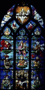 Madonna og barn med engler og portretter som gjenspeiler beskyttelsen til en lokal bispelig beskytter, ca. 1200-tallet (farget glass) av Unbekannt