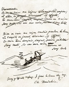 Manuskript av Charles Baudelaire, illustrert med en tegning av en båt av Unbekannter Künstler