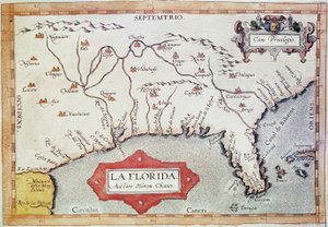 Kartlegging «Florida». Vi kan se Kreftens vendekrets, Bahamas og Tortugasøyene. I «Theatre Orbis Terrarum»» av kartografen Abraham Ortelius (1527-1598) av Unbekannter Künstler