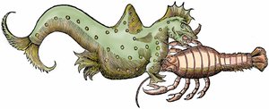 Marin drage og gigantisk krepsdyr, xylografi hentet fra «Paralipomena accuratissima historiae omnium animalium quae in voluminibus Aldrovandi desiderantur/Bartholomaeus Ambrosinus... summo labore collegit; Marcus Antonius Berna bibliopola bononiensis p av Unbekannter Künstler