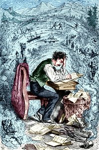 Mark Twain skriver 'The Innocents Abroad', første gang utgitt 1869. Amerikansk forfatter: 30. november 1835 21. april 1910. av Unbekannt