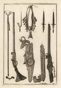 Matchlock-muskett, lås og bajonett fra Tower of London 1-3, bajonett 4, muskettstøtte og bajonett 5, muskettstøtte 6, bandilere og pudderkolbe 7, hjullås 8,9 og skiftenøkkel 10 av Unbekannt
