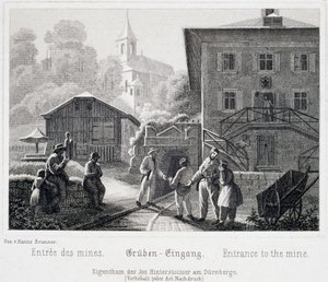 Saltgruve: inngangen til gruven, i Durrnberg, Østerrike, rundt 1850 av Unbekannt