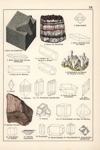 Mineraler og krystaller (fluoritt, celestin og fiberholdig edelstensalt) - Kromolitografi av mineralogi av Gustav Adolph Kengott (1818-1897), utdrag fra Naturhistorie av Gotthilf Heinrich von Schubert (1780-1860) av Unbekannter Künstler