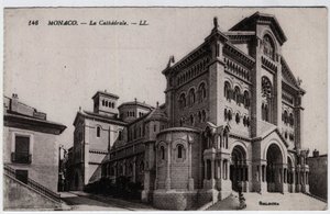Monaco: utvendig utsikt over Cathedrale Notre Dame Immaculee (Notre-Dame-Immaculee) - Postkort sent på 1800- og 1900-tallet av William M. Timlin
