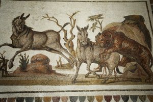 Mosaikk av dyrekamp: tiger som angriper to natt-primagre. II s AD/Musee d