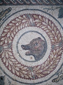 Mosaikk av peristylen. Detalj som representerer et bjørnehode. 3. - 4. århundre. Roman Villa of the Casale, Sicilia. UNESCO nettsted. av William M. Timlin