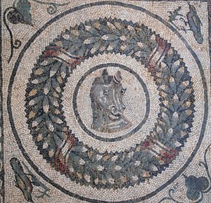 Mosaikk av peristyle. Detalj som representerer et hestehode. 3. - 4. århundre. Roman Villa of the Casale, Sicilia. UNESCO nettsted. av William M. Timlin