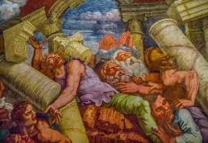 Mest kjent freskomaleri av manerisme: Giulio Romanos illusjon finner opp en kuppel og løser opp arkitekturen i rommet til gigantenes fall, Hall of the Giants av Unbekannter Künstler