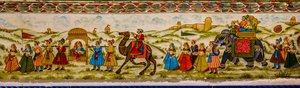 Veggmaleri, Patwon-Ki-Haveli, Jaisalmer, en eksotisk by i Thar-ørkenen, Jaisalmer, Rajasthan, India, Asia (bilde) av Unbekannter Künstler