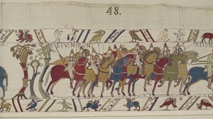 Normanniske soldater forlater Hastings for å kjempe med Harold, Bayeux Tapestry (ullbroderi på lin) av Unbekannt