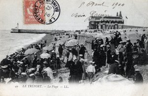 Normandie, Seine Maritime (76), Treport: mengden av feriegjester på stranden og kasinoet i bakgrunnen - Postkort datert 1904 av William M. Timlin