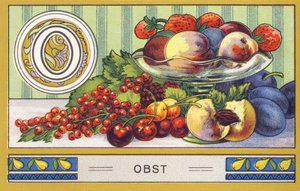 O : Frukt - Alfabet Palmin. Serie med kromolitografier redigert av H. Schlinck & Cie, Hamburg, s.d. . Publicite pour Palmin fineste kokosfett. Mål: 7 x 11 cm av William M. Timlin