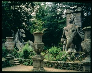 En av Hannibals elefanter og en drage som kjemper med en løve, skulpturer fra Parco dei Mostri (monsterparken) hager anlagt mellom 1550-63 av hertugen av Orsini, etter design av Giacomo Barozzi da Vignola (1507-73) (stein) (bilde) (for detaljer se 6 av Unbekannt