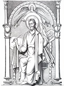 Einer der Evangelisten schreibt auf Pergament