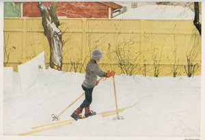 Et av barna til den svenske illustratøren Carl Larsson (1853-1919) som lærte å bevege seg på ski. Tegning fra "" Das haus in der sonne"" 1921 av Unbekannt
