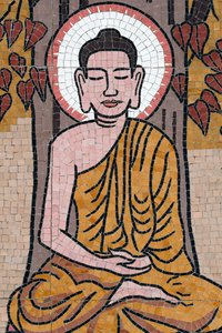 Ong Nui buddhistpagode, veggfreskomaleri, Buddhas liv, Shakyamuni Buddha som sitter i meditasjonsstillingen under Bodhi-treet, Quy Nhon, Vietnam, 2019 (bilde) av Unbekannt