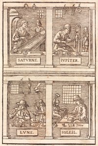 Gullsmed og alkymistiske symboler: Saturn og bly, Jupiter og tinn, Måne og sølv, Sol og gull - Gullsmeder og sølvsmeder Alkymistisk symbolikk av Unbekannt