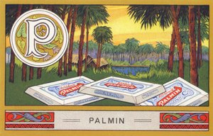 P : Palmine - Alfabet Palmine. Serie med kromolitografier redigert av H. Schlinck & Cie, Hamburg, s. d. . Annonse for Palmins fineste kokosfett. Mål: 7 x 11 cm av William M. Timlin
