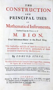 Tittelside til boken av Nicolas Bion (1652-1933) om matematiske instrumenter, engelsk oversettelse, med tillegg av "Engelske forbedringer", utgitt i London i 1723 av Unbekannt