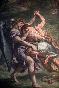 Maleri av Eugene Delacroix i Saint Sulpice-basilikaen, Paris: Jacob kjemper med engelen, Paris, Frankrike av Unbekannt